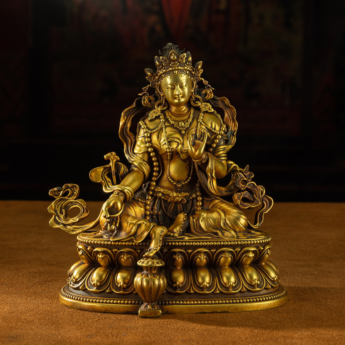 Qing Dynasty Green Tara Tibetan Antique Buddha Statue Copper Gilding