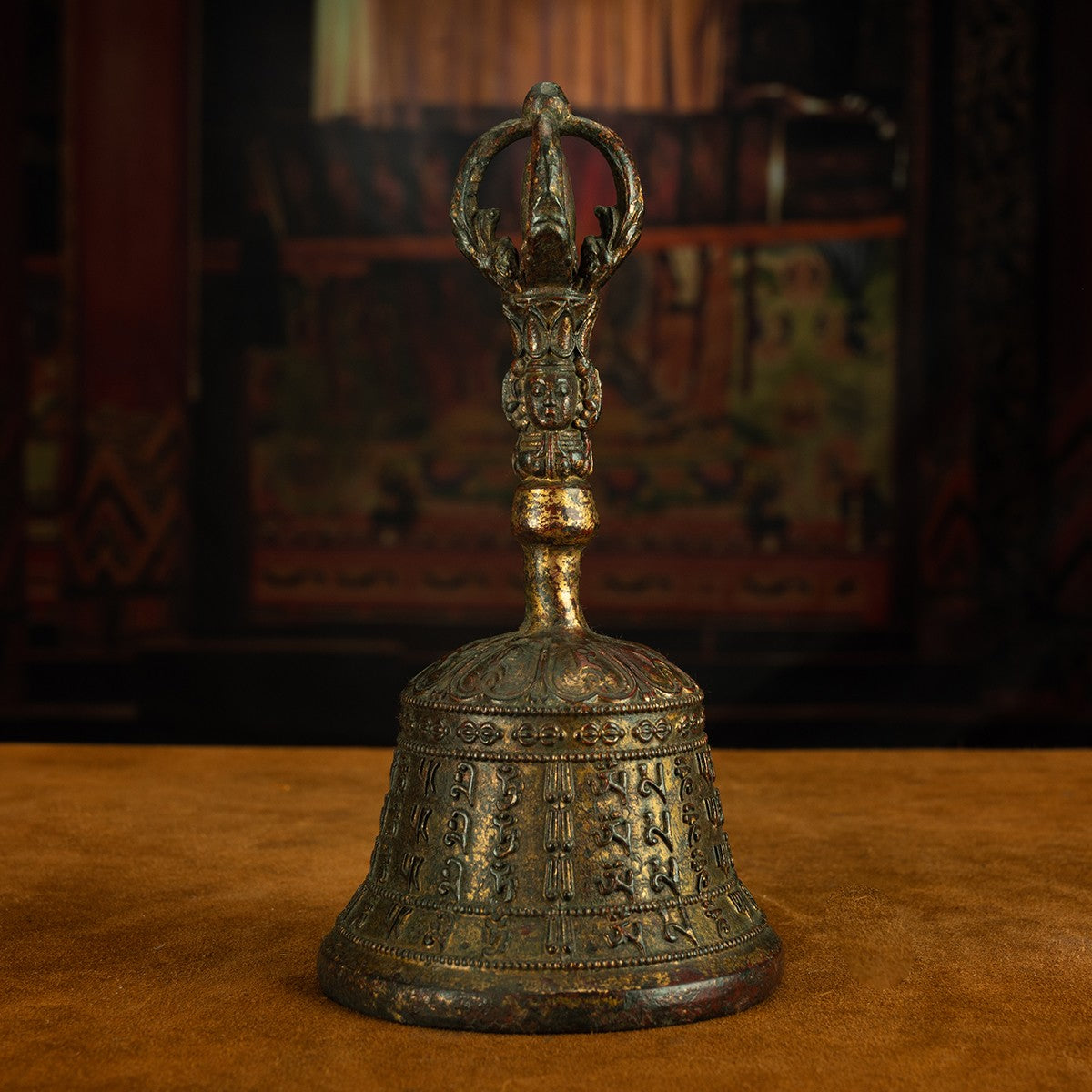 15th Century Six-Syllable Mantra Five-Pronged Tibetan Antique Vajra Demon Subduing Bell Copper Gilt From Jokhang Monastery