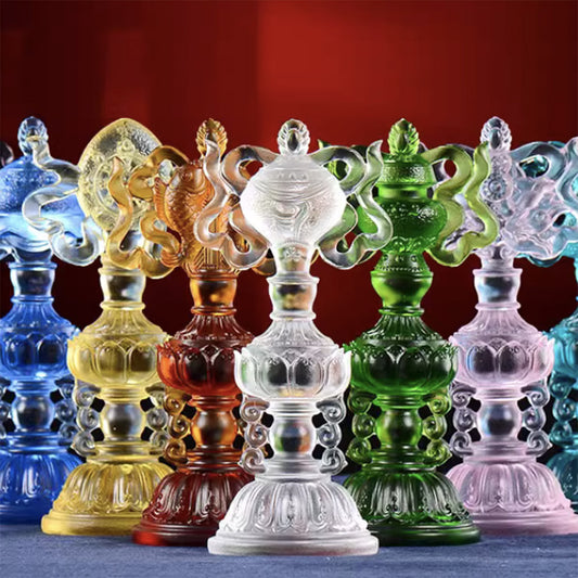 Eight auspicious ornaments set Tibetan glass Home Buddhist hall offering