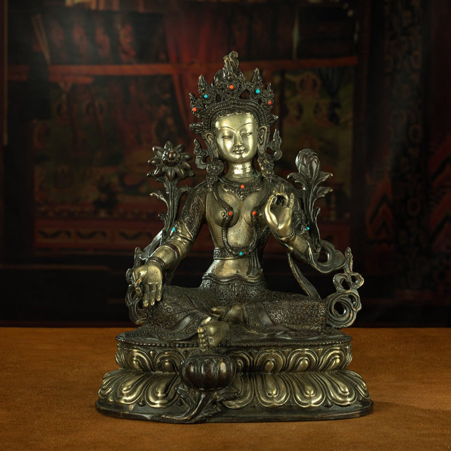 Qing Dynasty Green Tara Tibetan antique Buddha statue gilt silver inlaid with precious stones Zhuqing Temple