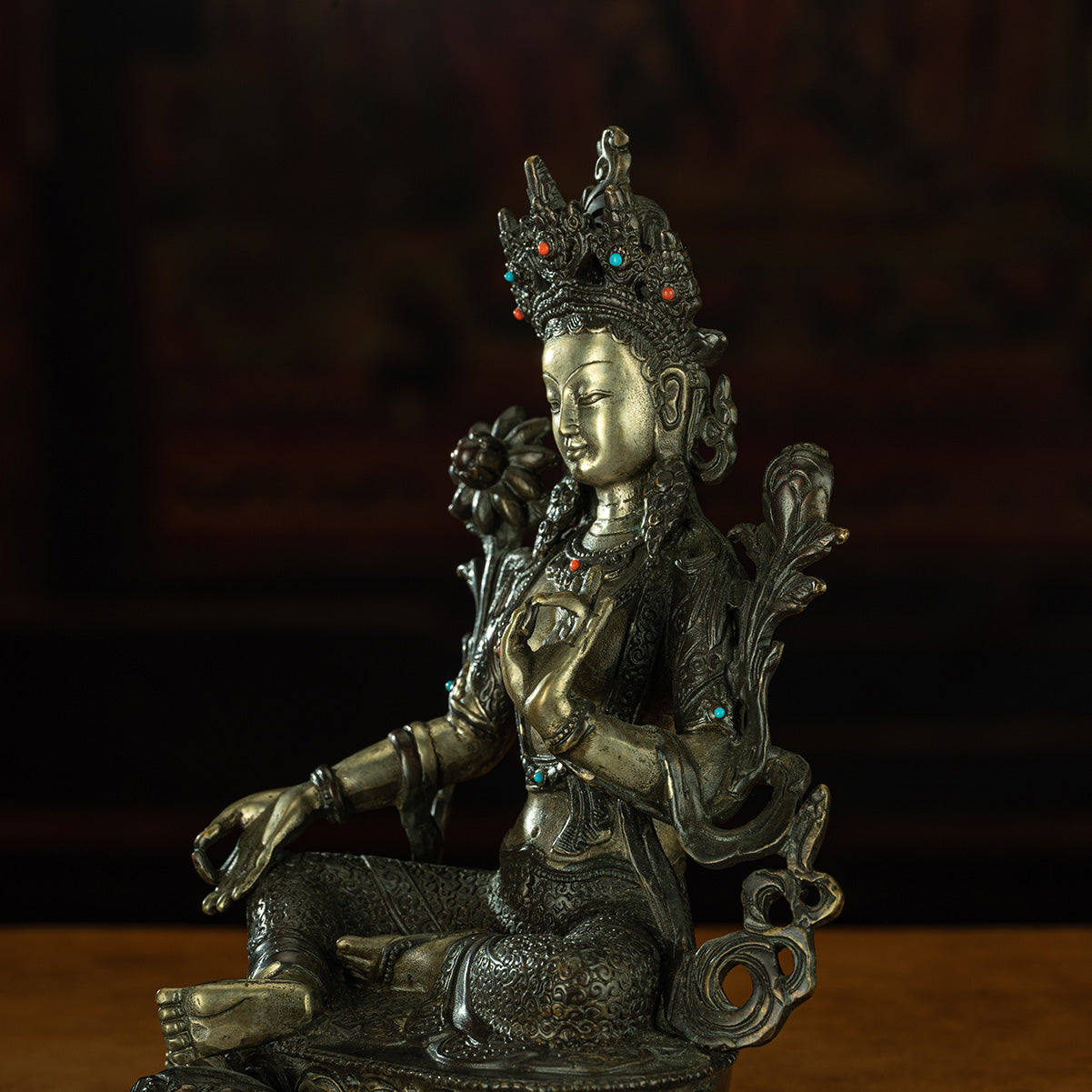 Qing Dynasty Green Tara Tibetan antique Buddha statue gilt silver inlaid with precious stones Zhuqing Temple Oriental Treasure