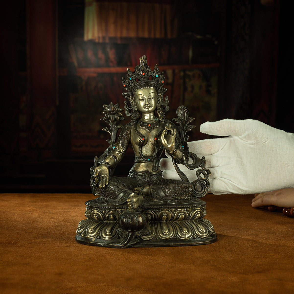 Qing Dynasty Green Tara Tibetan antique Buddha statue gilt silver inlaid with precious stones Zhuqing Temple Oriental Treasure
