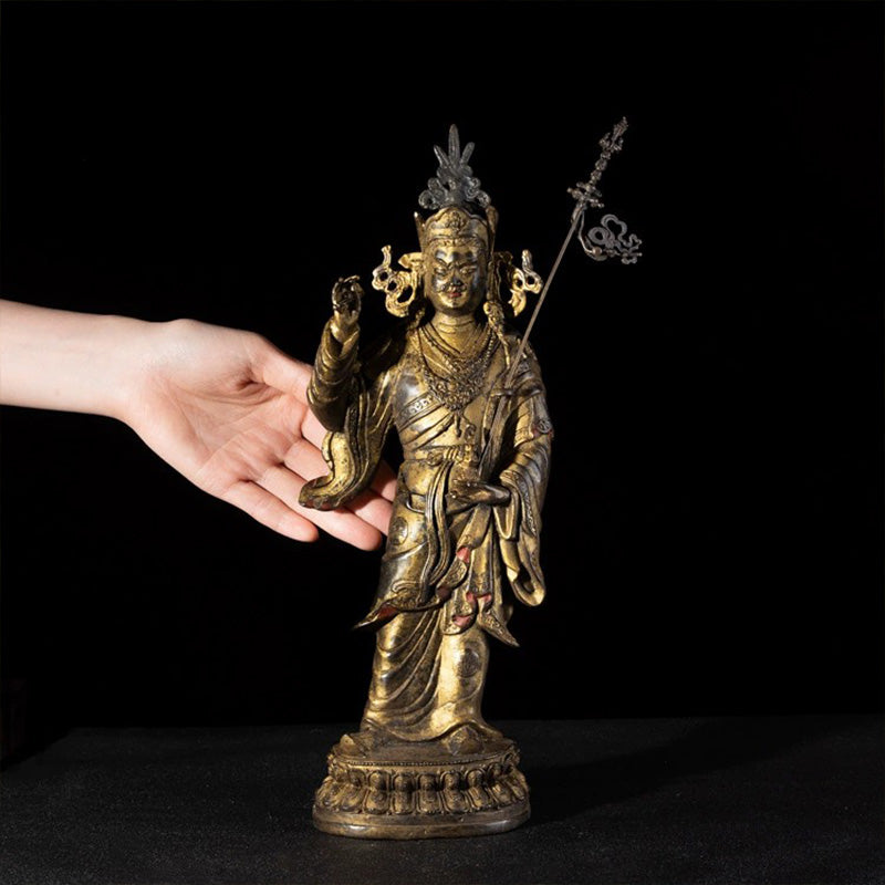 17th Century Padmasambhava Tibetan Antique Buddha Statue Gilt Old Copper From Ganden Monastery puretibetan
