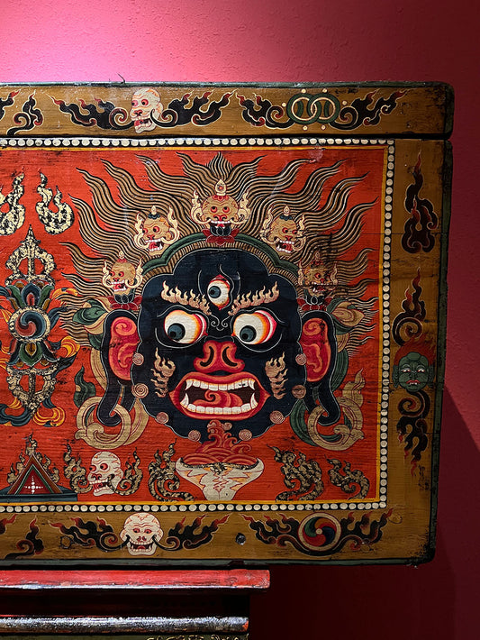 18th Century Colorful Three-Eyed Guardian Buddha Treasure Chest Tibetan Cabinet From Central Tibet puretibetan