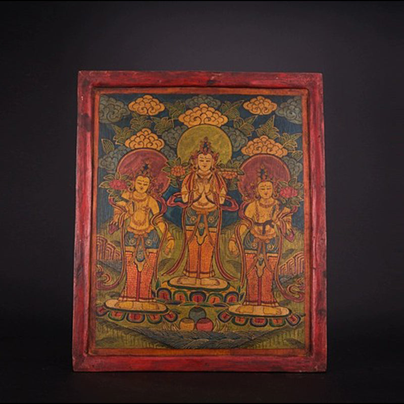 西藏老唐卡 纯手绘三度母立身木版画 puretibetan