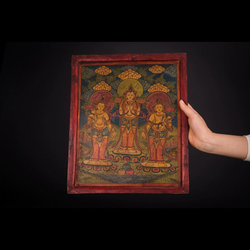 西藏老唐卡 纯手绘三度母立身木版画 puretibetan