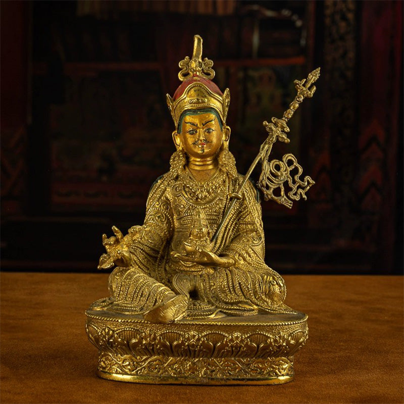 19th Century Padmasambhava Tibetan Antique Buddha Statue Fully Engraved Gilt From Dorje Drak Monastery