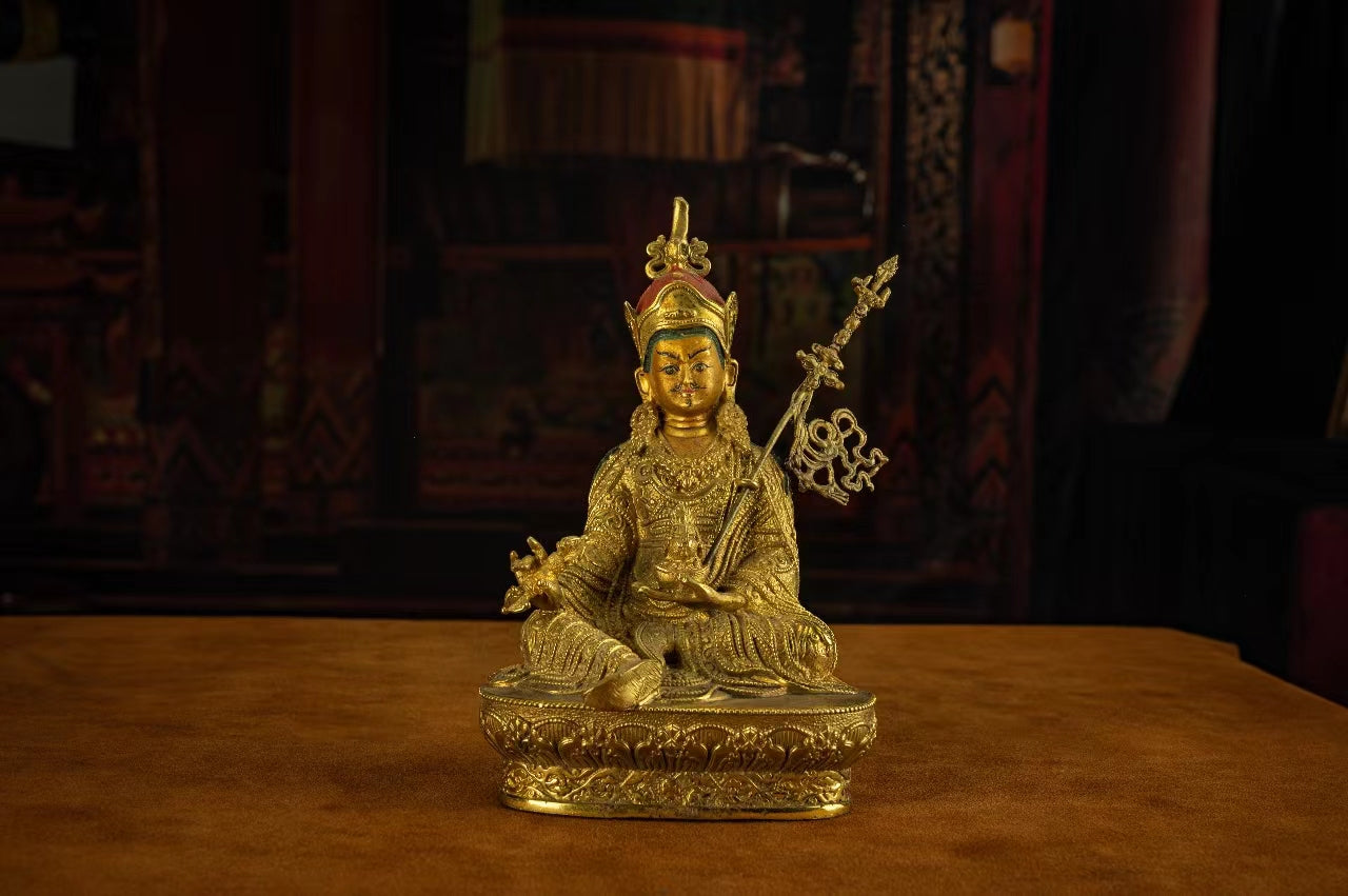 19th Century Padmasambhava Tibetan Antique Buddha Statue Fully Engraved Gilt From Dorje Drak Monastery puretibetan