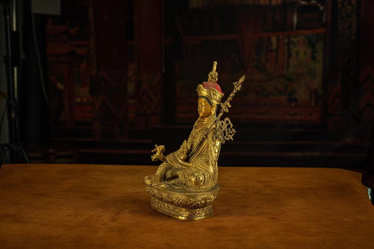 19th Century Padmasambhava Tibetan Antique Buddha Statue Fully Engraved Gilt From Dorje Drak Monastery puretibetan