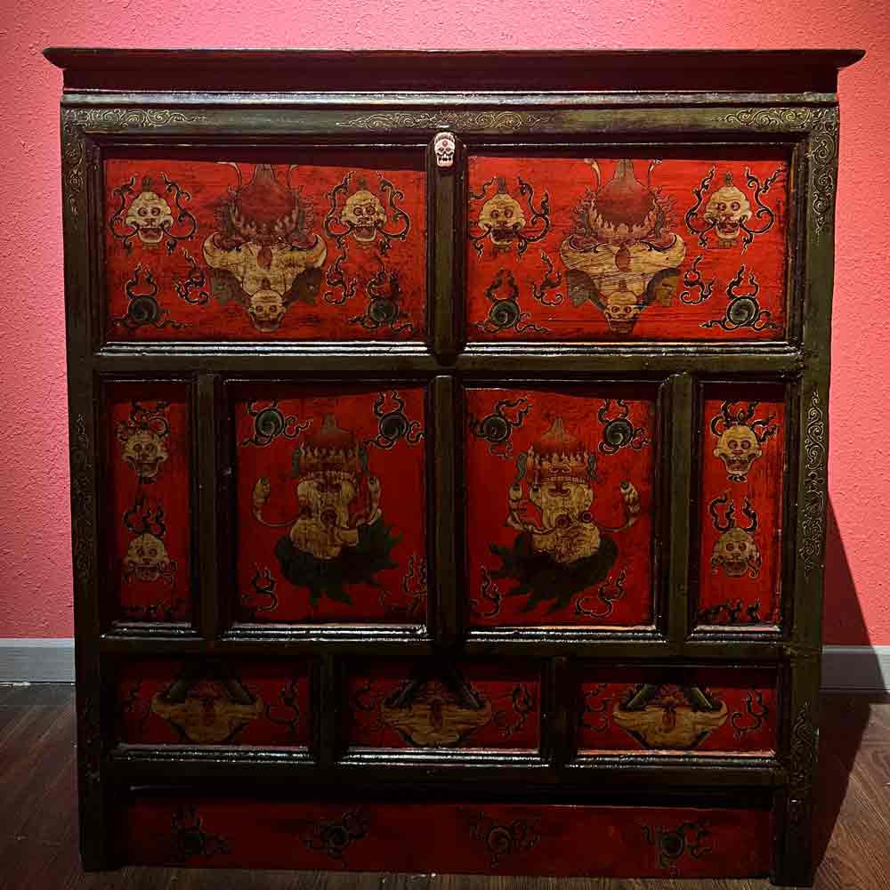 19th Century Painted “Five Senses Flower Offering” Tibetan Dharma Cabinet From Central Tibet