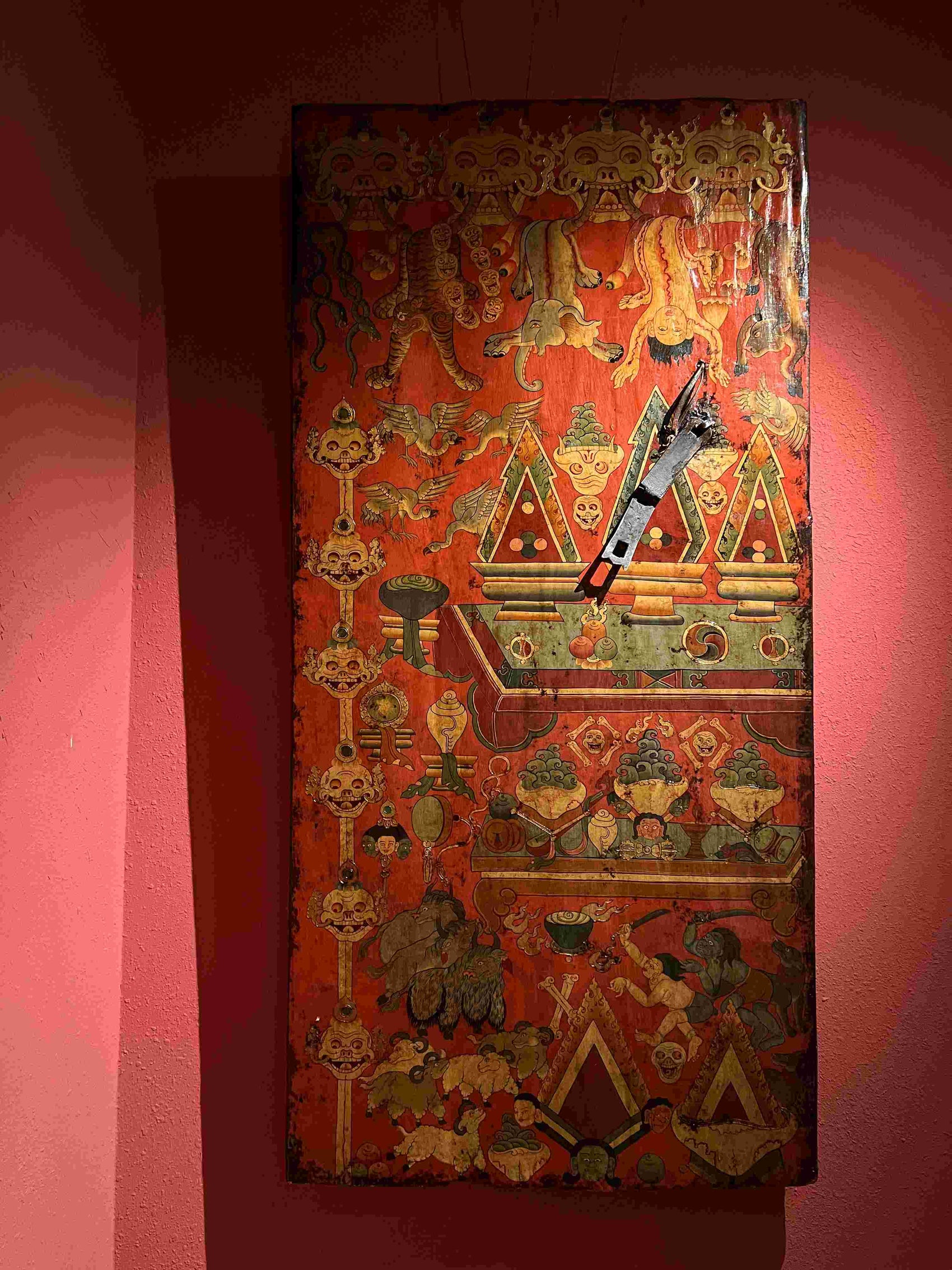 19th Century Shmashana Sacrificial Scene Old Wooden Door Thangka