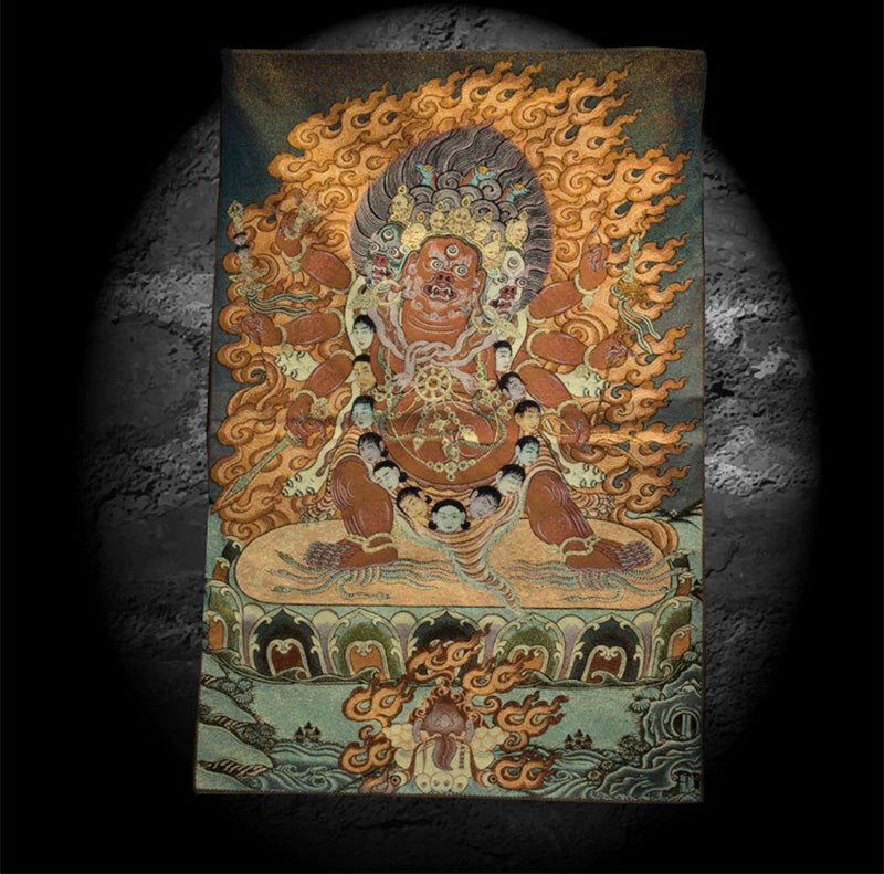 19th Century Six-armed Hayagriva Tibetan Antique Thangka Golden Thread Weaving From Tashi Lhunpo Monastery
