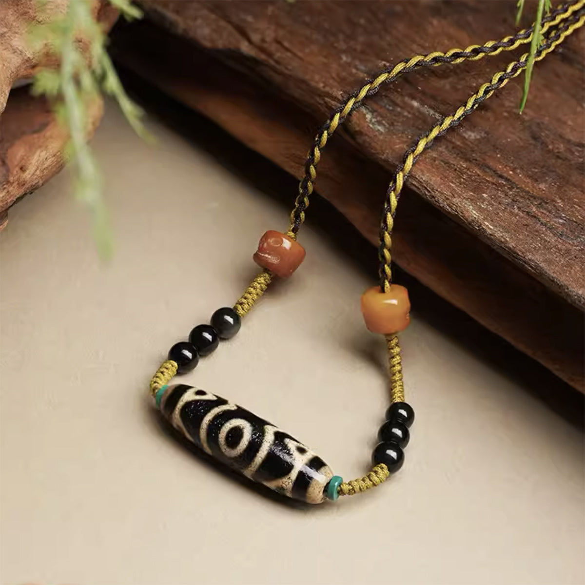 Fortune Three Eyes Dzi Beads Tibetan necklace Natural agate chalcedony hand-woven rope