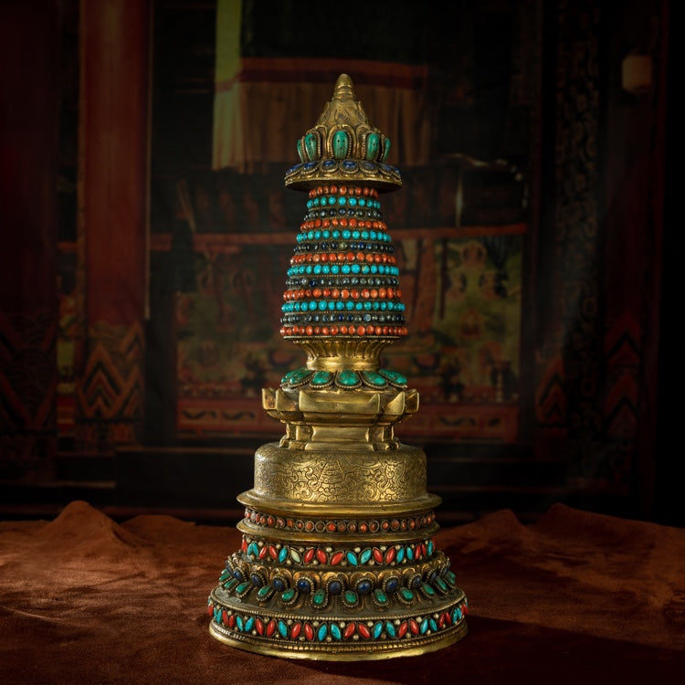 Qing Dynasty Old Kadam Pagoda Tibetan light antique full of gold and water inlaid with gems