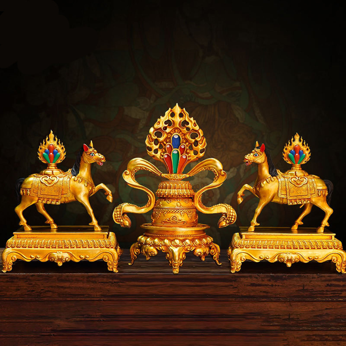 Double Deer Gold Wheel & Monibao Bronze gilt Carved and painted Tibetan Wheel-turning King Seven treasures Home Buddhist hall offering