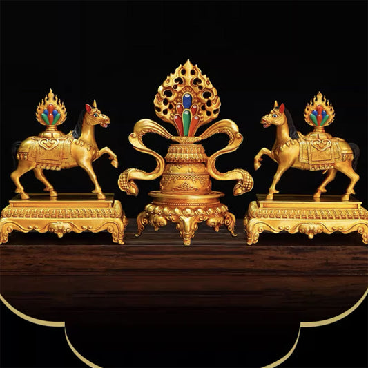 Double Deer Gold Wheel & Monibao Bronze gilt Carved and painted Tibetan Wheel-turning King Seven treasures Home Buddhist hall offering