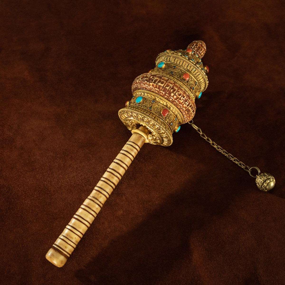 Qing Dynasty Prayer Wheel Tibetan ritual instrument gilt filigree inlaid with gems