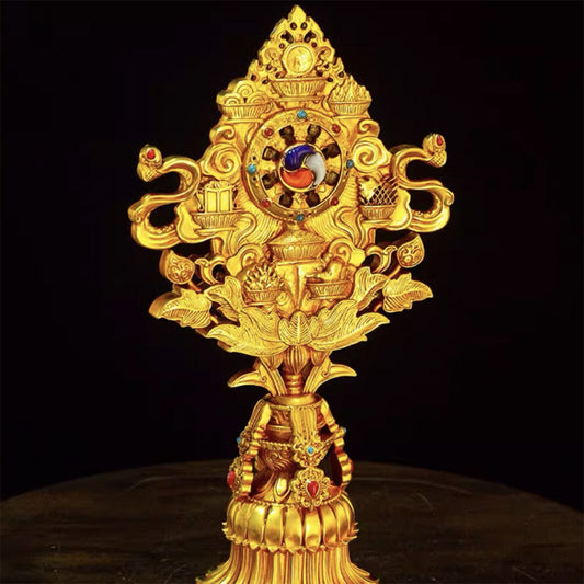 Wheel-turning King Seven treasures & Eight auspicious bronze gilt carving Pure handwork in Tibet Home Buddhist hall offering