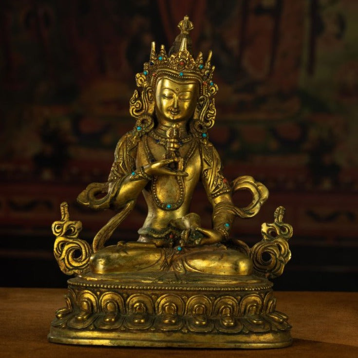 Qing Dynasty Vajrasattva statue Tibetan antique Buddha statue Gilt inlaid with Gemstones Minzhu Lin Temple Pure Tibetan