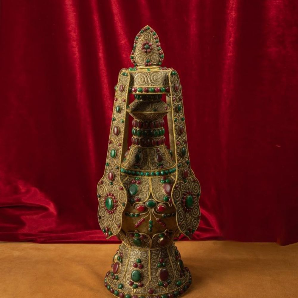 Qing Dynasty  Eternal Longevity Precious Vase Tibetan Colossal Edition Silver Filigree With Inlaid Gemstones Riwoche Monastery