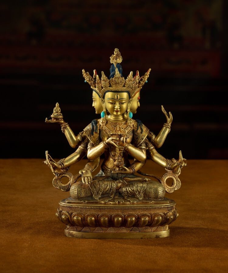 19th Century Three Faced Eight-armed Venerable Mother of Buddha Tibetan Statue of Buddha Gilt Bronze With Turquoise Inlay