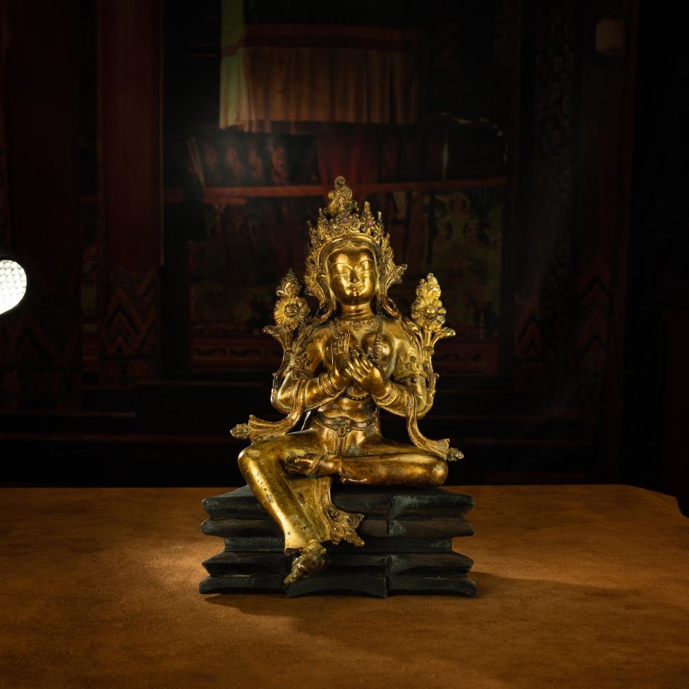 Ming Dynasty Green Tara Dharma Printed Statue Tibetan Antique Buddha Statue  Full of Gold Water