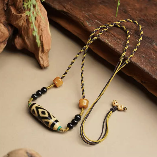 Fortune Three Eyes Dzi Beads Tibetan necklace Natural agate chalcedony hand-woven rope