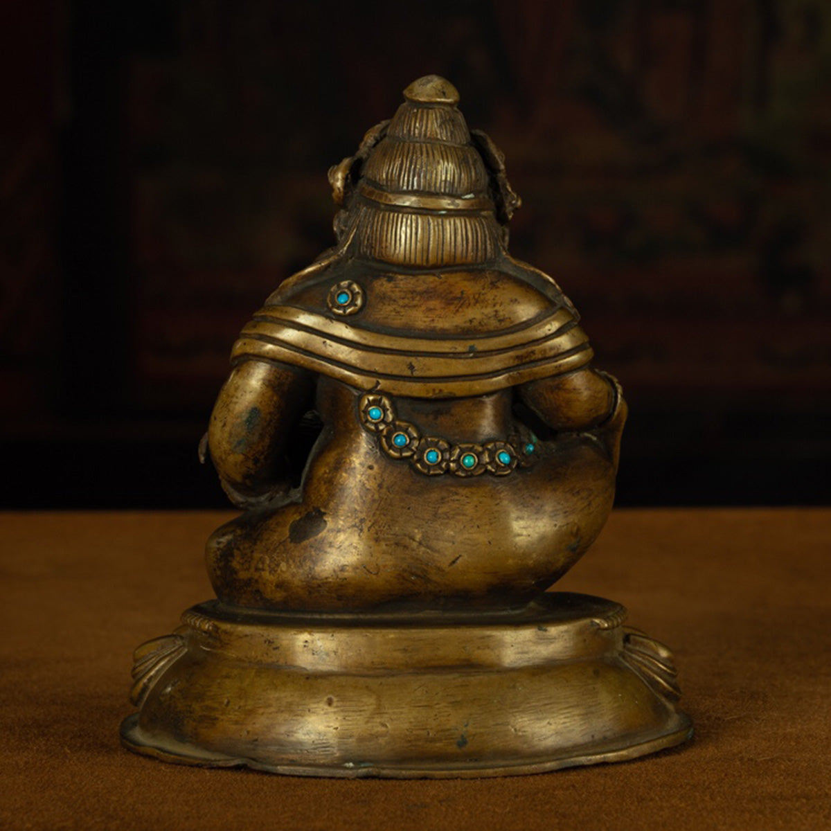13th Century Tibetan Antique Buddha Statue Yellow God of Wealth Turquoise Inlay  Pala Style