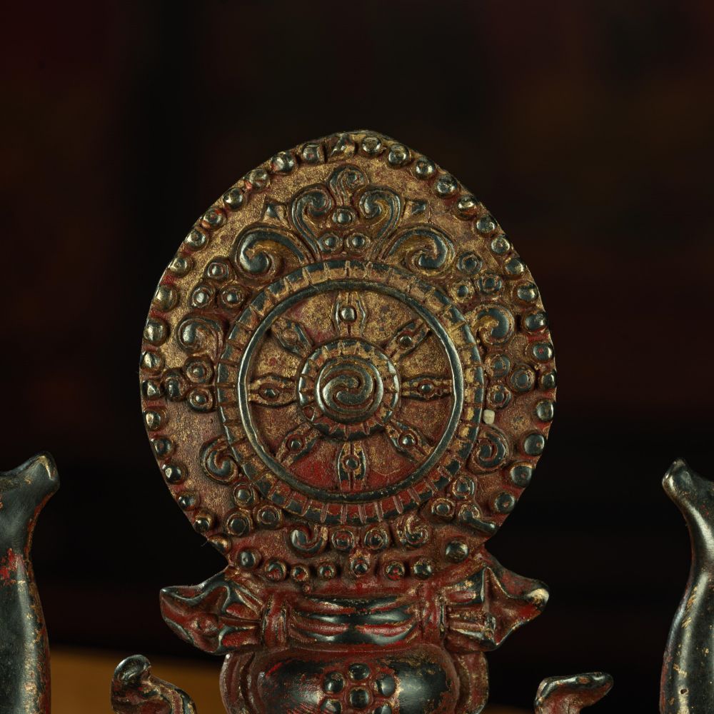 Ming Dynasty Vermilion Lacquer Double Deer-listening Dharma Wheel Offering Vessel Gilt Copper Tibetan Accessory Xiaodeng Temple Pure Tibetan