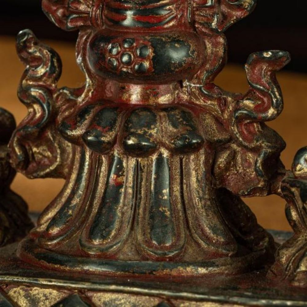 Ming Dynasty Vermilion Lacquer Double Deer-listening Dharma Wheel Offering Vessel Gilt Copper Tibetan Accessory Xiaodeng Temple Pure Tibetan