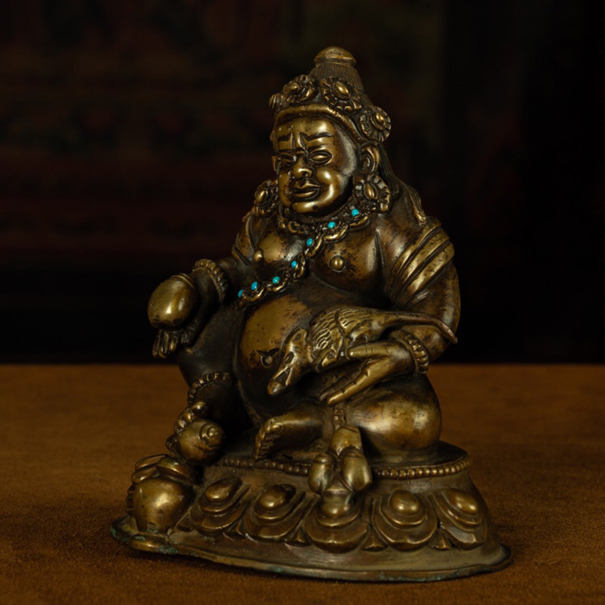 13th Century Tibetan Antique Buddha Statue Yellow God of Wealth Turquoise Inlay  Pala Style