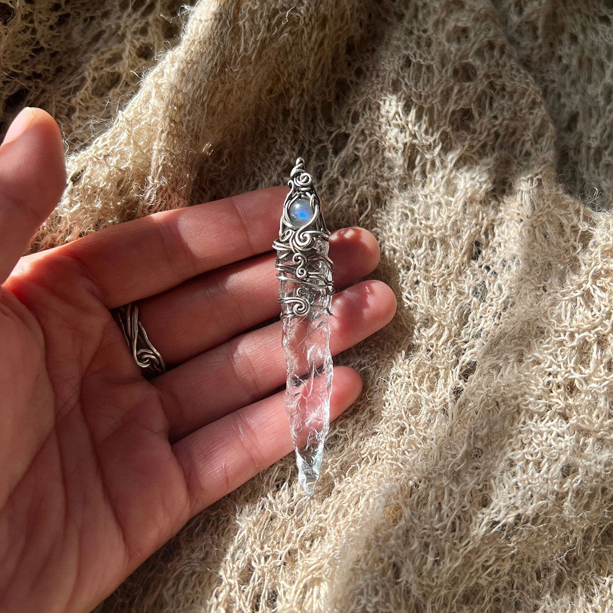 Tibetan Energy Protection White Quartz Crystal Silver Jewelry Handmade