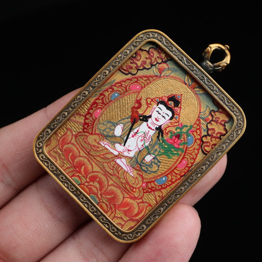 Akasagarbha Bodhisattva Tibetan Thangka Pendant with Vajra Shell puretibetan