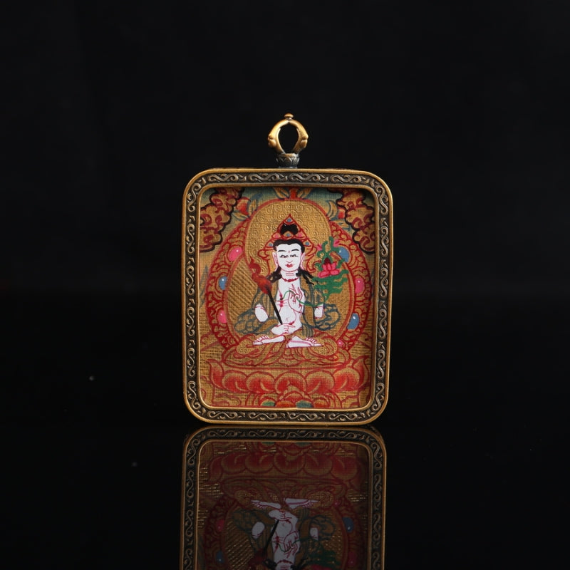 Akasagarbha Bodhisattva Tibetan Thangka Pendant with Vajra Shell puretibetan