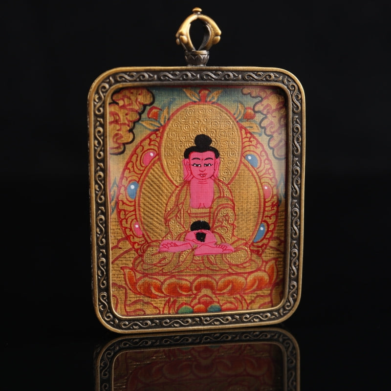 Amitabha Buddha Tibetan Thangka Pendant Hand-painted with Gold Outline and Vajra Shell puretibetan