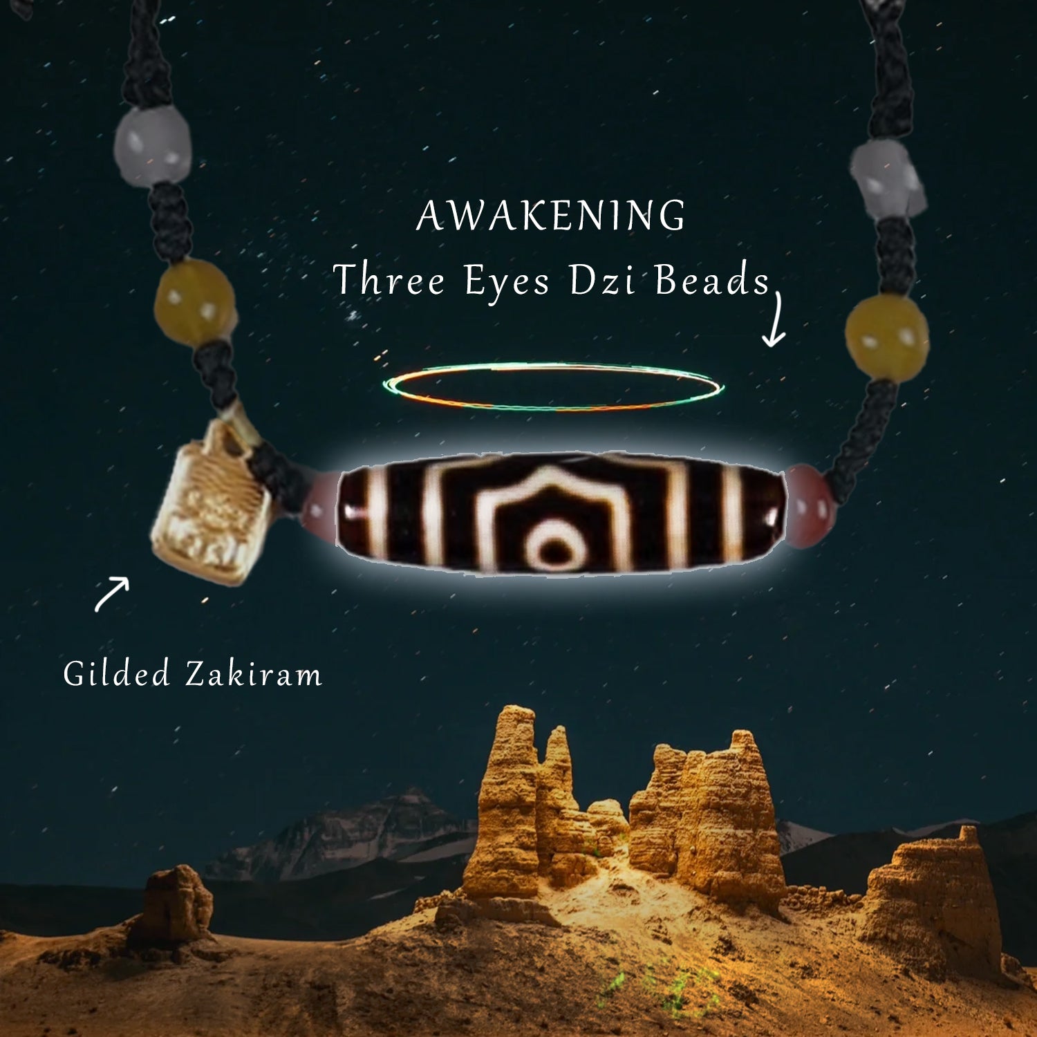 Awakening Three Eyes Dzi Beads Tibetan Necklace Natural agate chalcedony