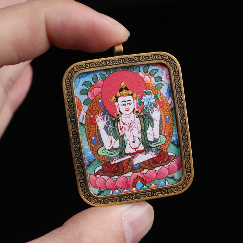 Chaturbhuja Lokeshvara Tibetan Thangka Pendant with Nine Square Diagram Shell puretibetan