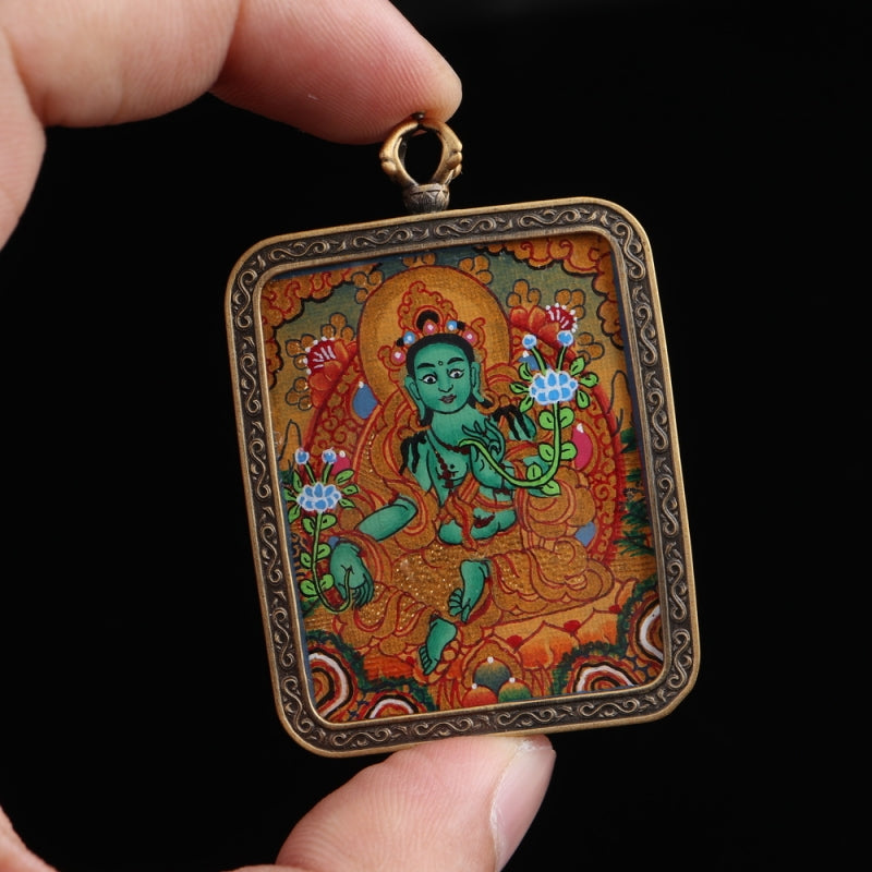 Green Tara Tibetan Thangka Pendant Hand-painted with Gold Outline puretibetan