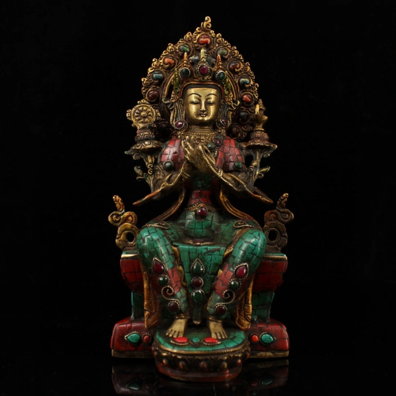 Jampa Lhakang Tibetan Statue for Eliminating All Disasters  Handmade inlay gem Painted outline