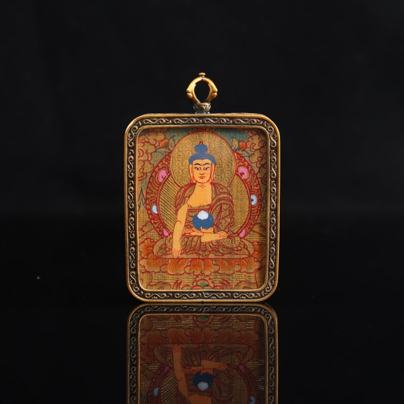 Shakyamuni Buddha Tibetan Thangka Pendant Hand-painted with Gold Outline and Vajra Shell puretibetan