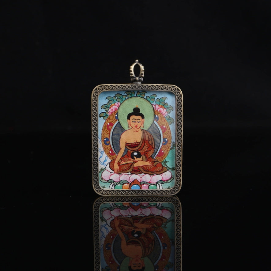Shakyamuni Buddha Tibetan Thangka Pendant with Eight Auspicious Tibetan Signs Shell puretibetan