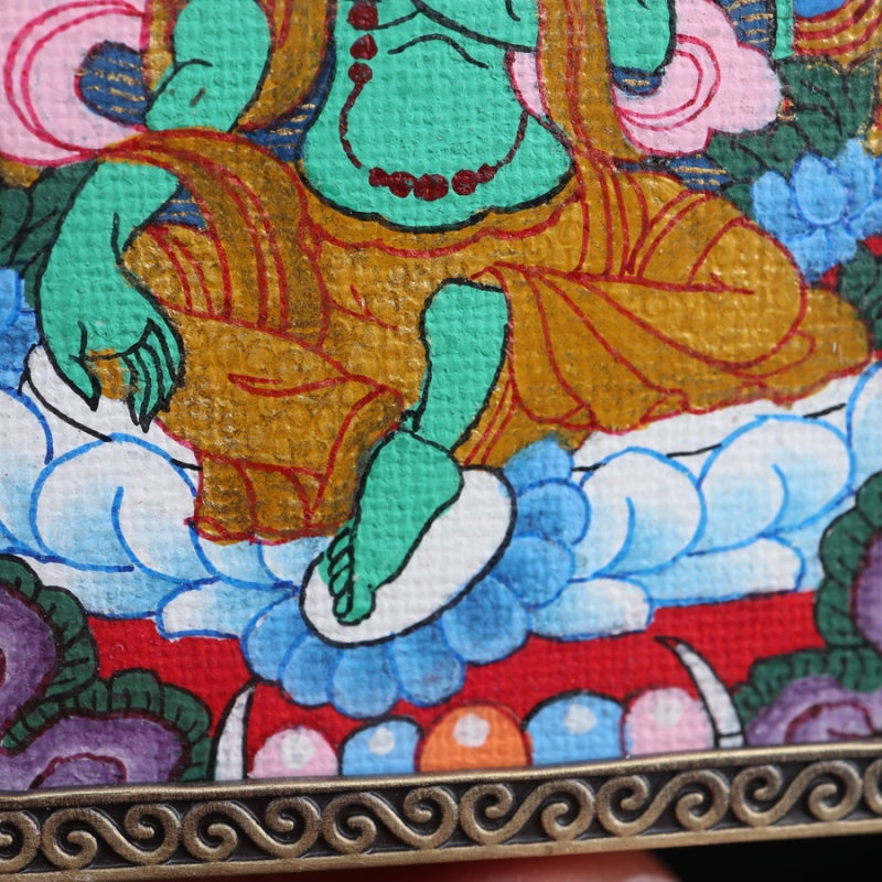 Green Tara Tibetan Thangka Pendant with Eight Auspicious Tibetan Signs Shell puretibetan