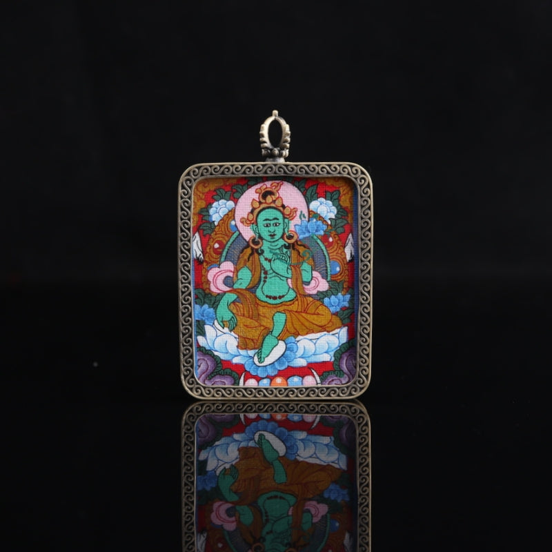 Green Tara Tibetan Thangka Pendant with Eight Auspicious Tibetan Signs Shell puretibetan