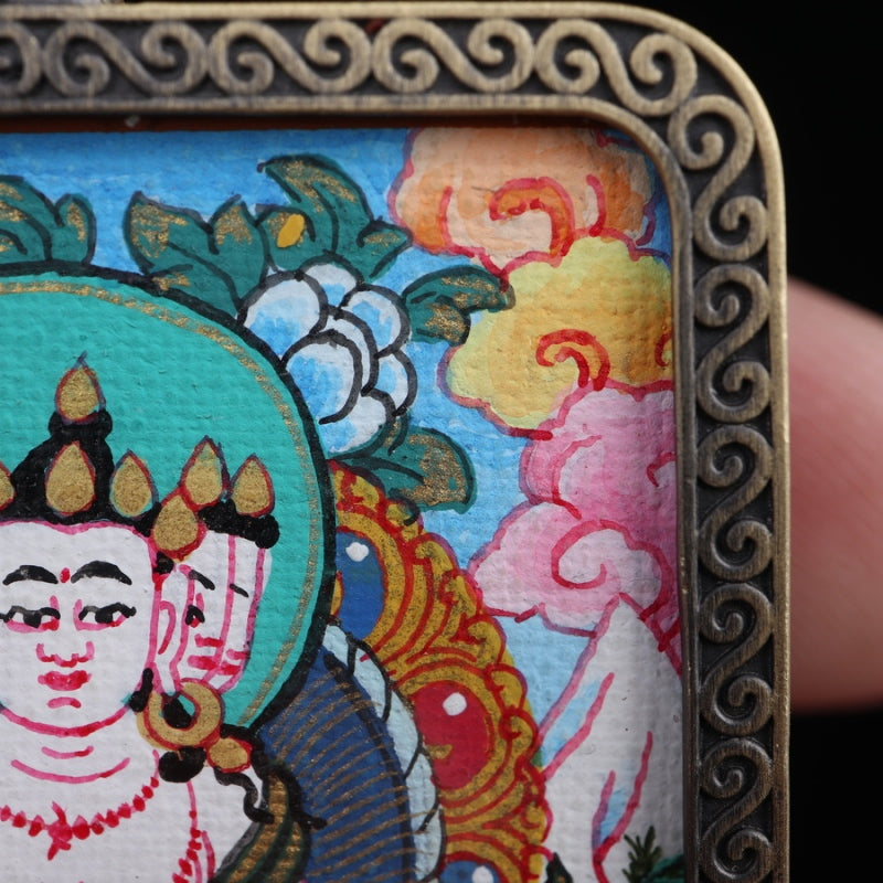 Vairocana Buddha Tibetan Thangka Pendant with Eight Auspicious Tibetan Signs Pure Copper Shell puretibetan
