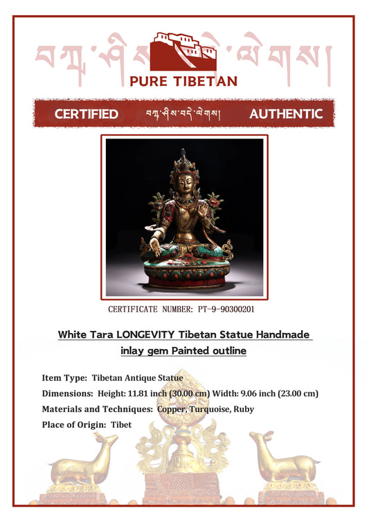 White Tara LONGEVITY Tibetan Statue Handmade inlay gem Painted outline puretibetan