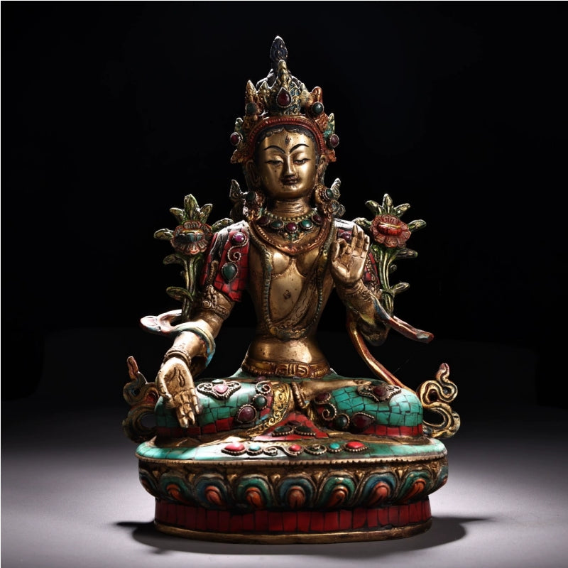 White Tara LONGEVITY Tibetan Statue Handmade inlay gem Painted outline
