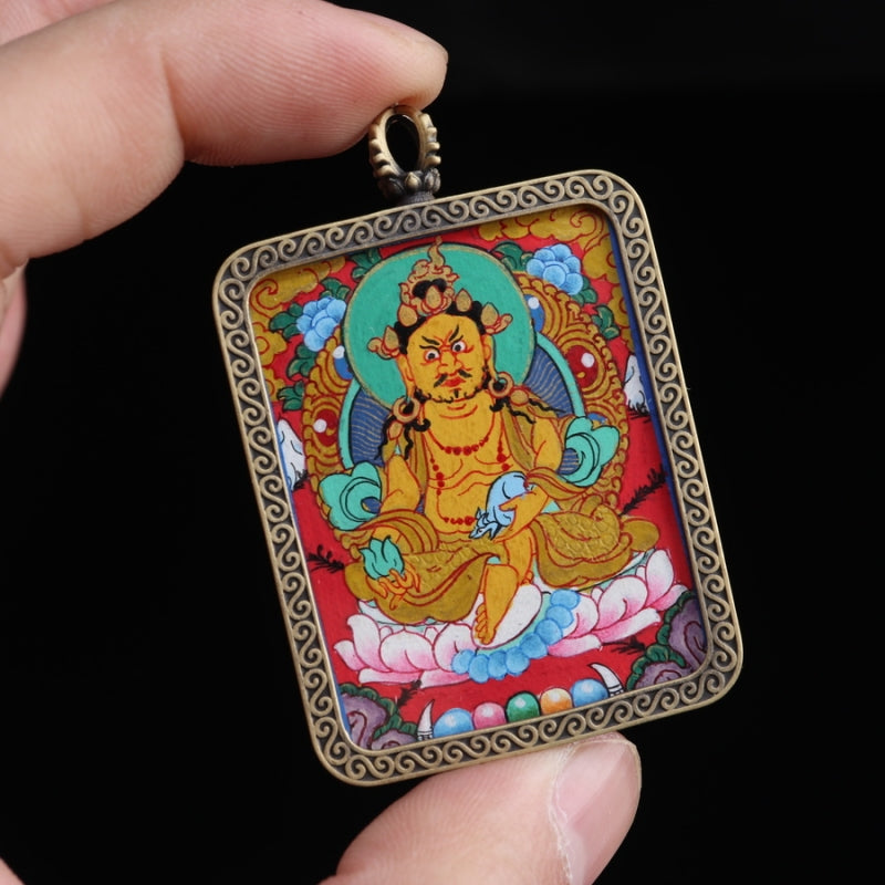 Yellow Jambhala Tibetan Thangka Pendant with Eight Auspicious Tibetan Signs Shell puretibetan