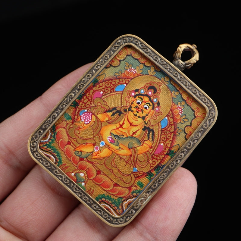Yellow Jambhala Tibetan Thangka Pendant with Vajra Shell puretibetan