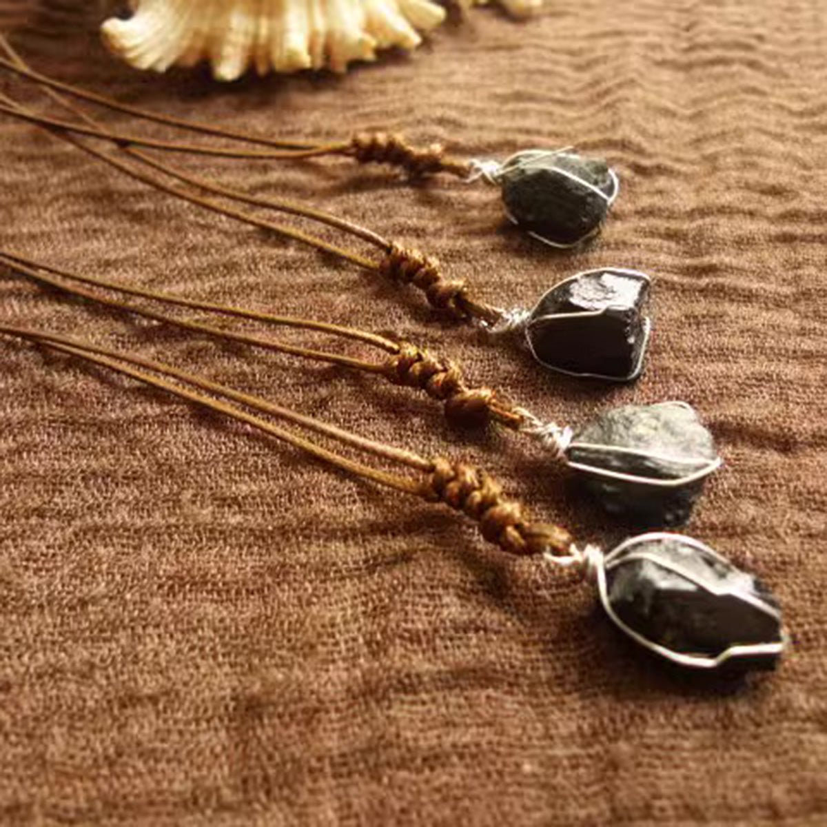 Grounding | Tibetan Natural Quartz Black Tourmaline Irregular | Winding Pendant Handmade Wax Rope Braided Necklace
