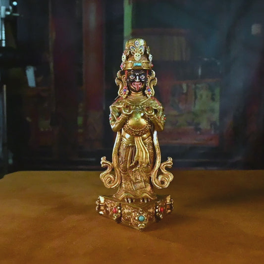 19th Century Zashi Lhamo Dharmapala God of Wealth Gilt Copper Painted Tibetan Buddha Statue From Sera Monastery